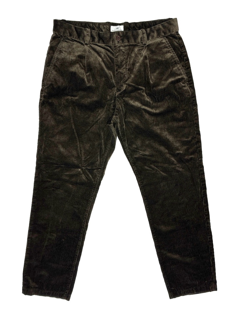 H&M Mens Corduroy Pants 34 Dark Brown Chino Regular Fit Pleated Stretch Straight